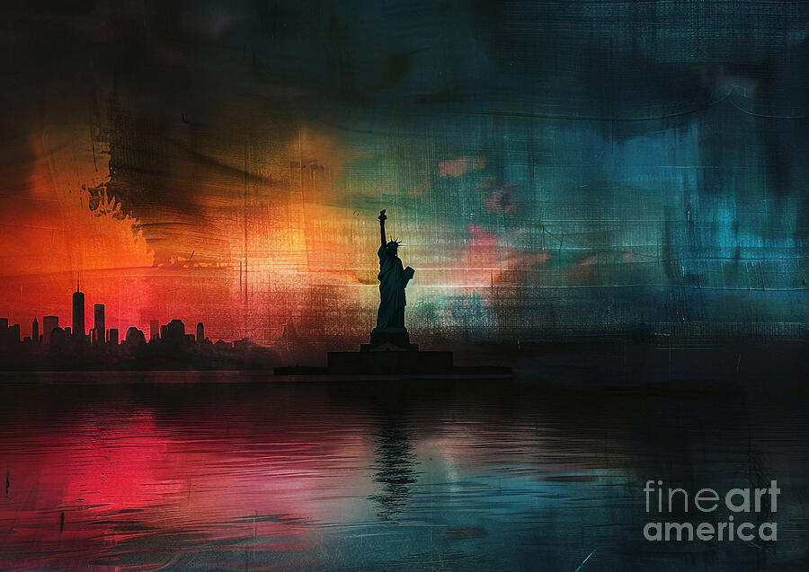 New York Citys Statue Of Liberty Standing Stoically In The Darkness Of The Night Painting