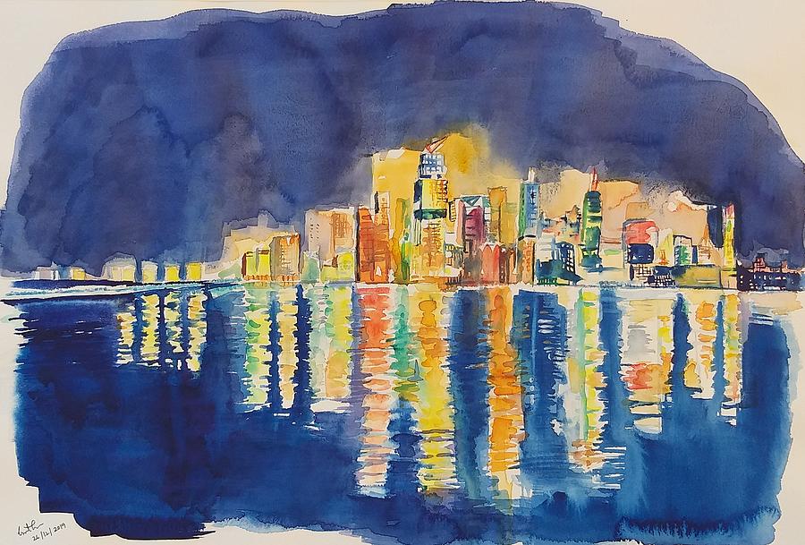 New York in the night from Hoboken Painting by Geeta Yerra