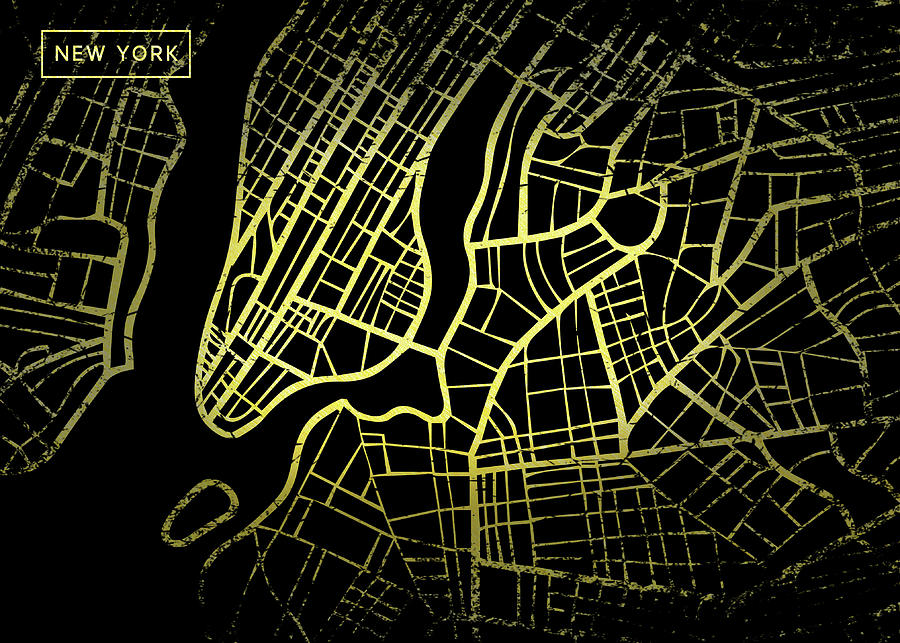 New York  Map in Gold and Black Digital Art by Sambel Pedes