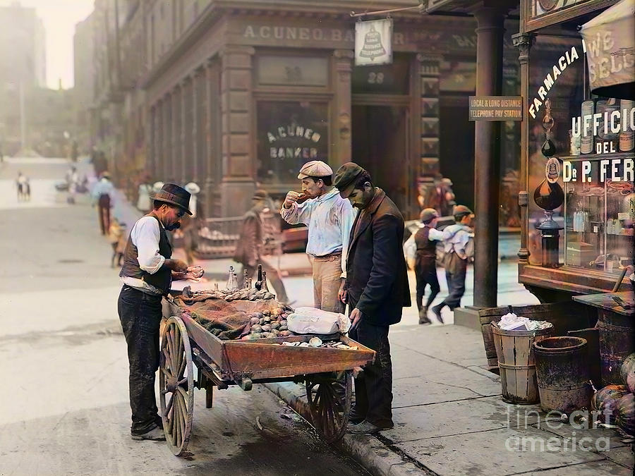 New York Mulberry Bend Five Points Neighborhood in Lower Manhattan Clam Seller circa 1900s Colorized Photograph by Wingsdomain Art and Photography
