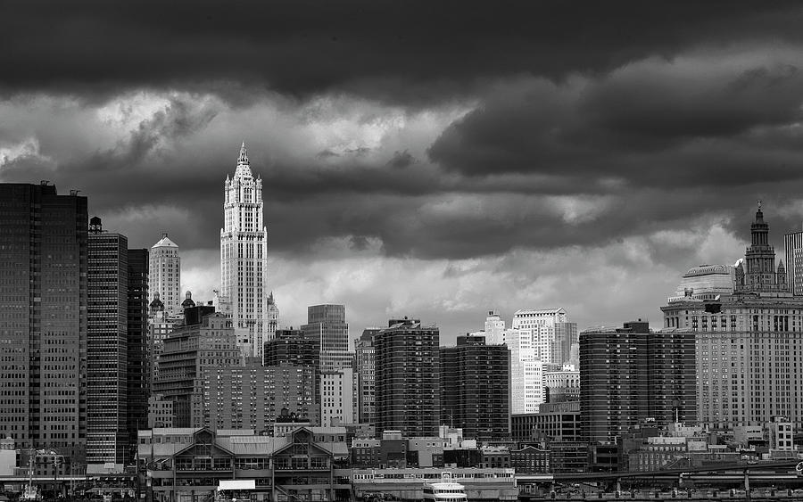 Architecture Photograph - New York Panorama Storm Clouds BW by Chuck Kuhn