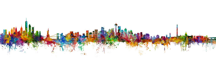 Washington Skyline Digital Art - New York, Seattle and Washington DC SKylines Mashup by Michael Tompsett