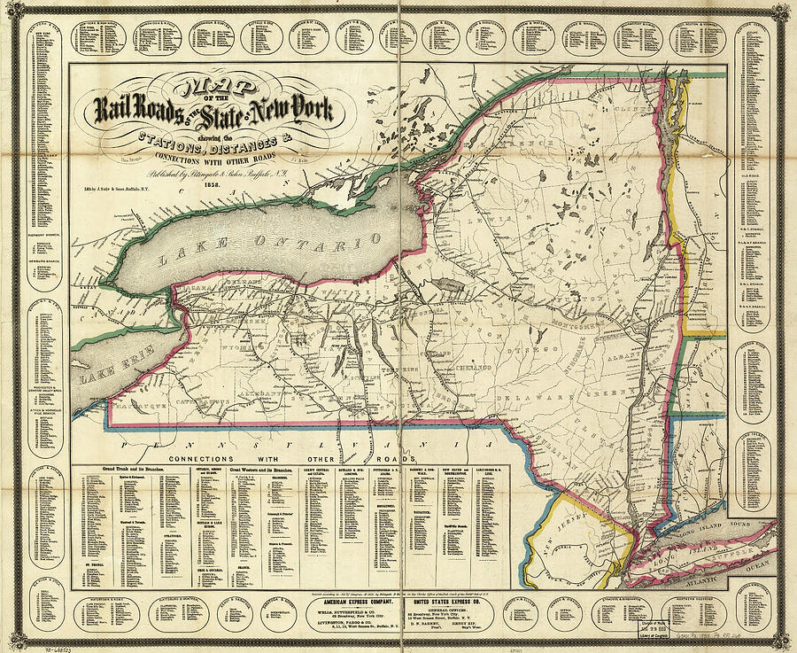 Transportation Drawing - New York showing the stations distances and connections with other roads 1858 by Vintage Railroad Maps