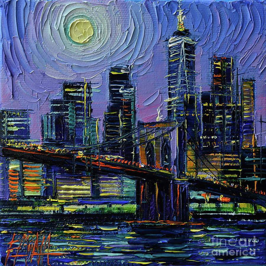 New York Skyline And The Brooklyn Bridge At Night Painting by Mona Edulesco