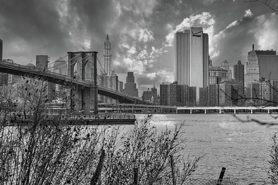 New York Skyline Brooklyn Bridge BW Photograph by Chuck Kuhn