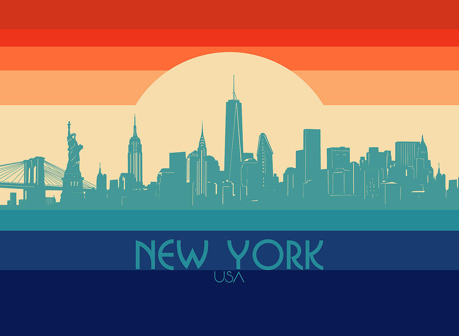 New York Skyline Retro Rainbow Digital Art