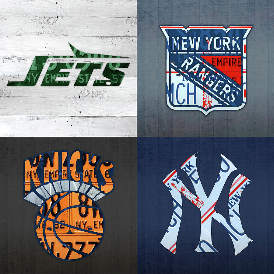 New York Sports Team License Plate Art Jets Rangers Knicks Yankees Mixed Media by Design Turnpike