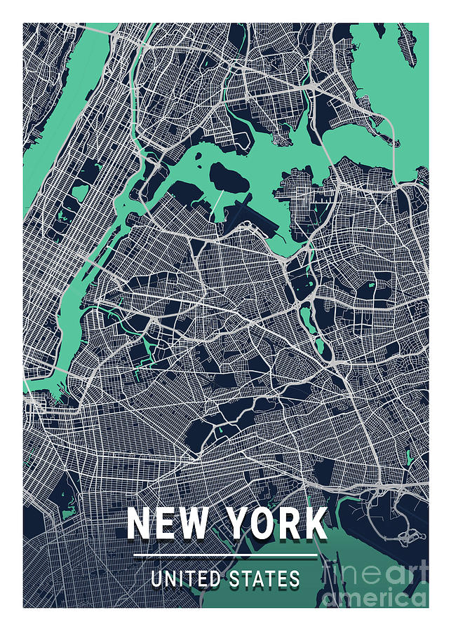 New York - United States Blue Dark City Map Digital Art by Tien Stencil