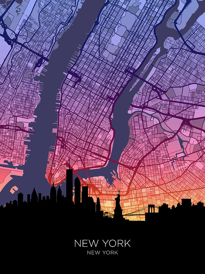 New York United States Skyline Map #50 Digital Art by Michael Tompsett