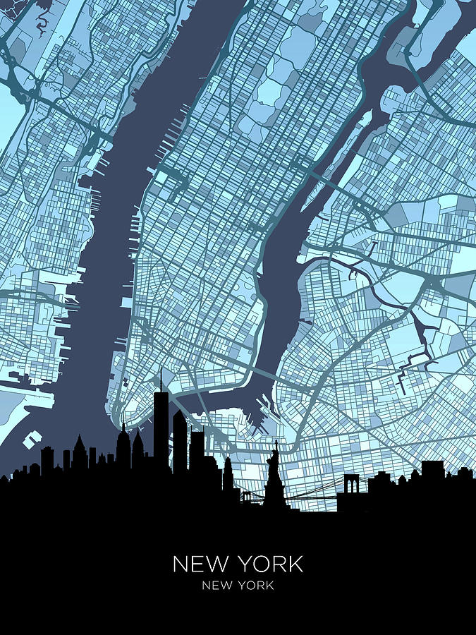 New York United States Skyline Map #56 Digital Art by Michael Tompsett