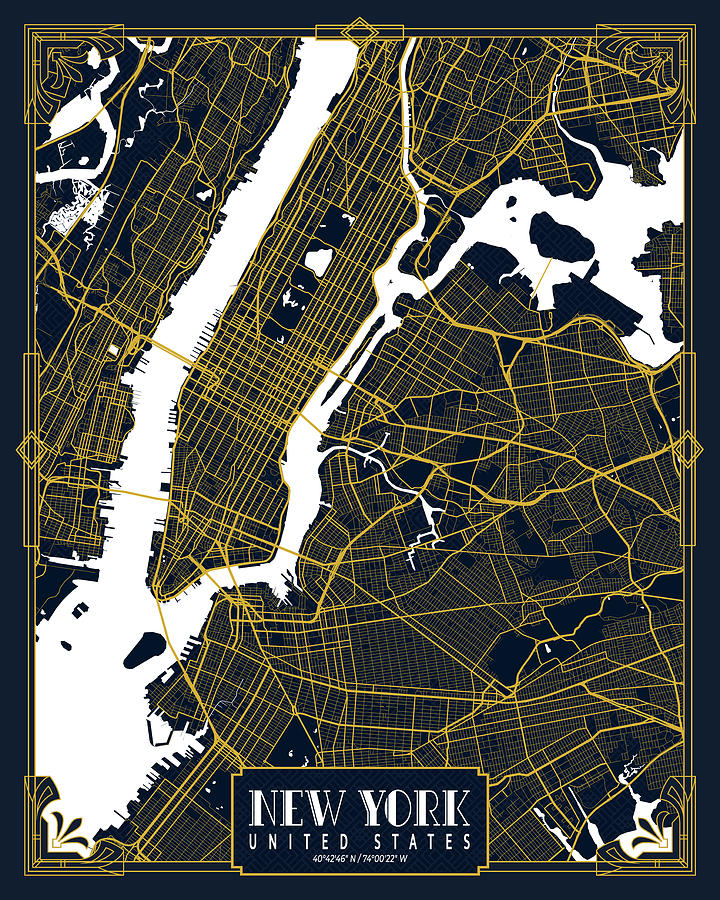 New York, USA City Map in Gold Art Deco Digital Art by DeMAP Studio