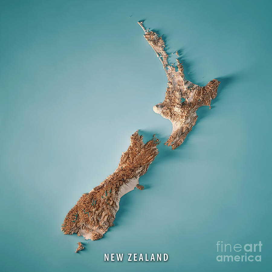 New Zealand Country 3D Render Topographic Map Neutral Digital Art by ...