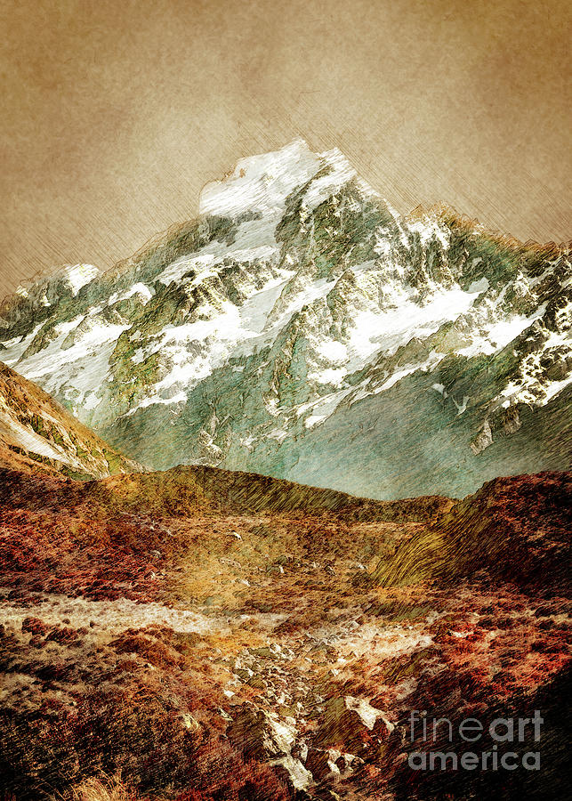 New Zealand Mount Cook Landscape Art Mixed Media