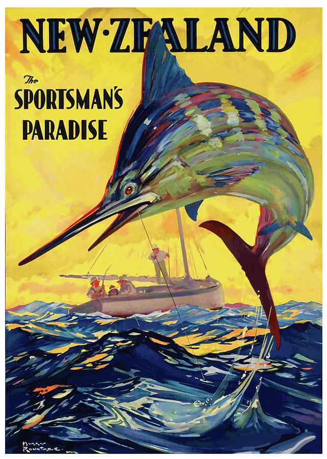 Paradise Painting - New Zealand, Sportsmans paradise, catching a swordfish by Long Shot