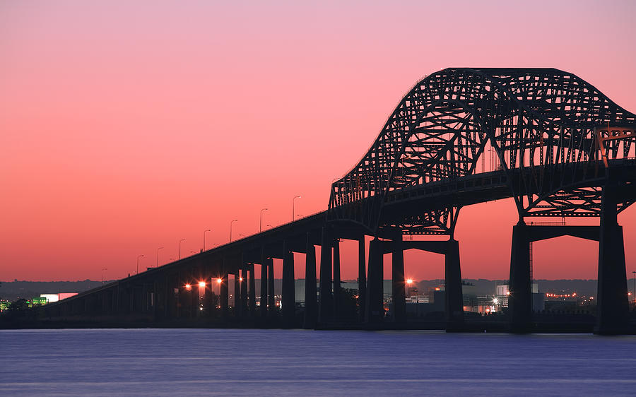 Newark Bay Bridge at Red Sunset Photograph by BenLin