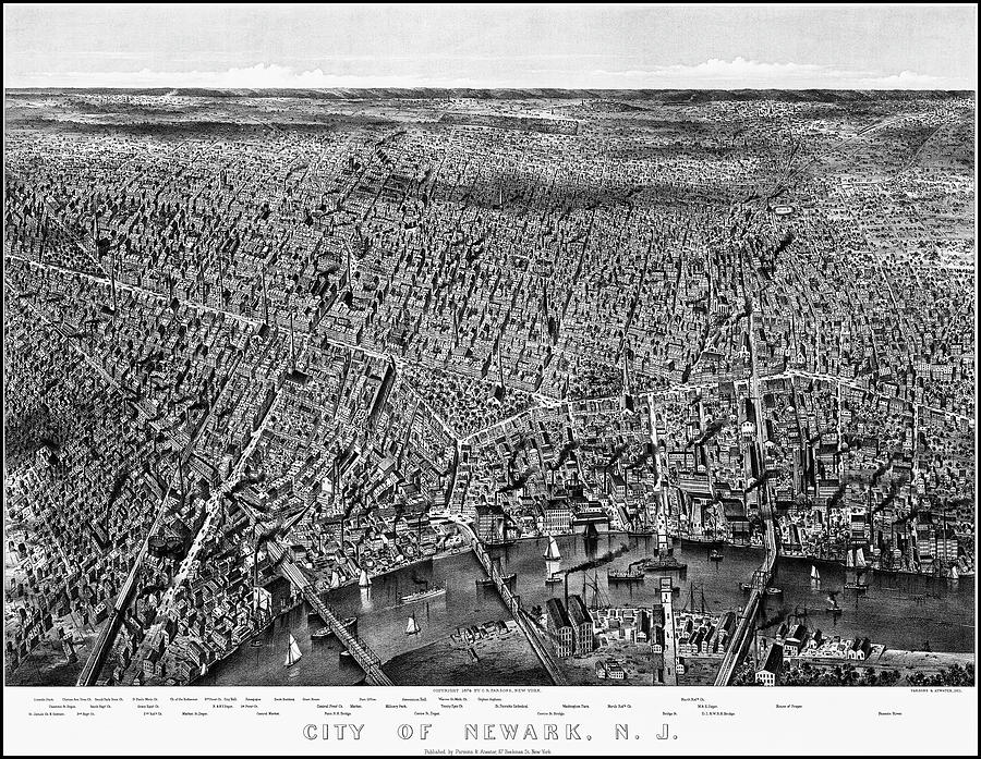 Newark Photograph - Newark New Jersey Antique Map 1874 Black and White by Carol Japp