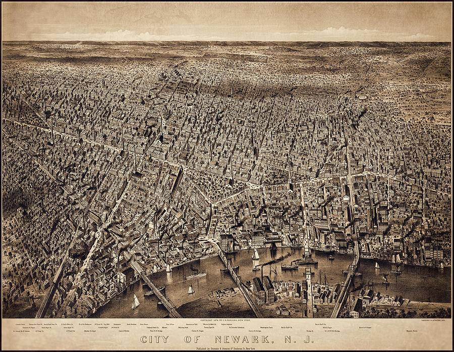 Newark Photograph - Newark New Jersey Antique Map 1874 Sepia  by Carol Japp