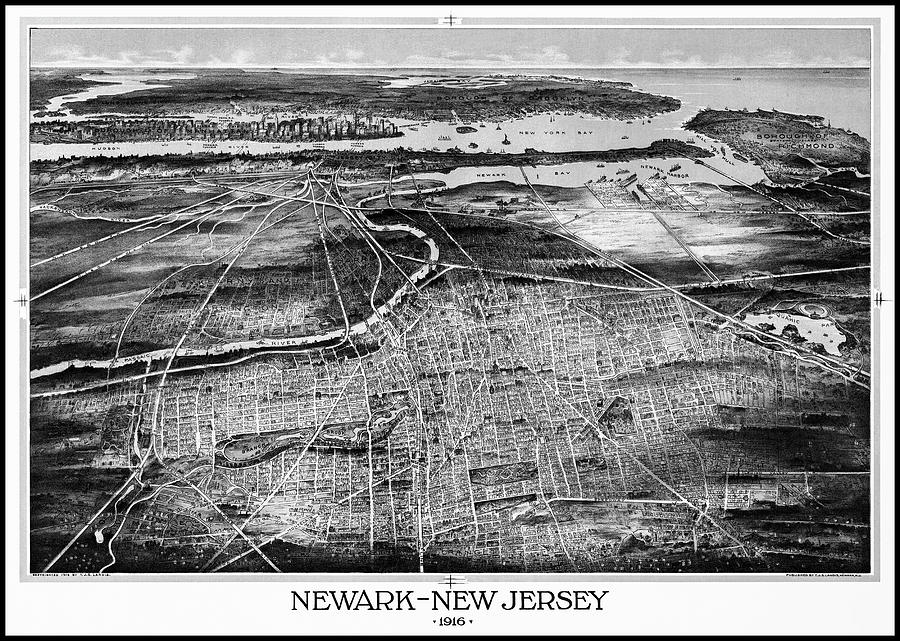 Newark Photograph - Newark New Jersey Vintage Map Birds Eye View 1916 Black and White by Carol Japp