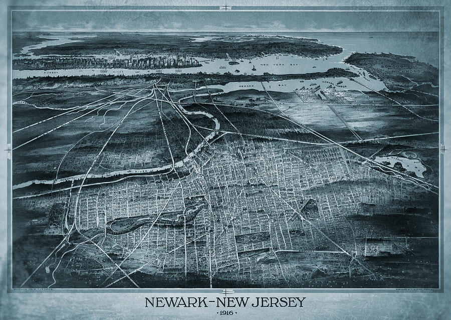 Newark Photograph - Newark New Jersey Vintage Map Birds Eye View 1916 Blue  by Carol Japp