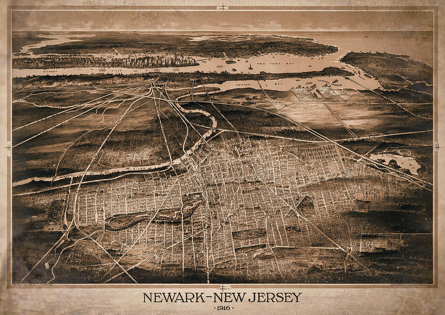 Newark Photograph - Newark New Jersey Vintage Map Birds Eye View 1916 Sepia  by Carol Japp