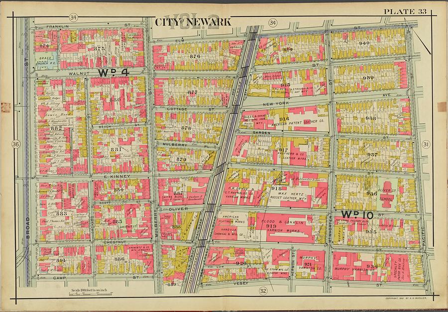 Newark, V. 2, Double Page Plate No. 33 Map Bounded By Franklin St., Elm St., Pacific St., Vesey St Painting