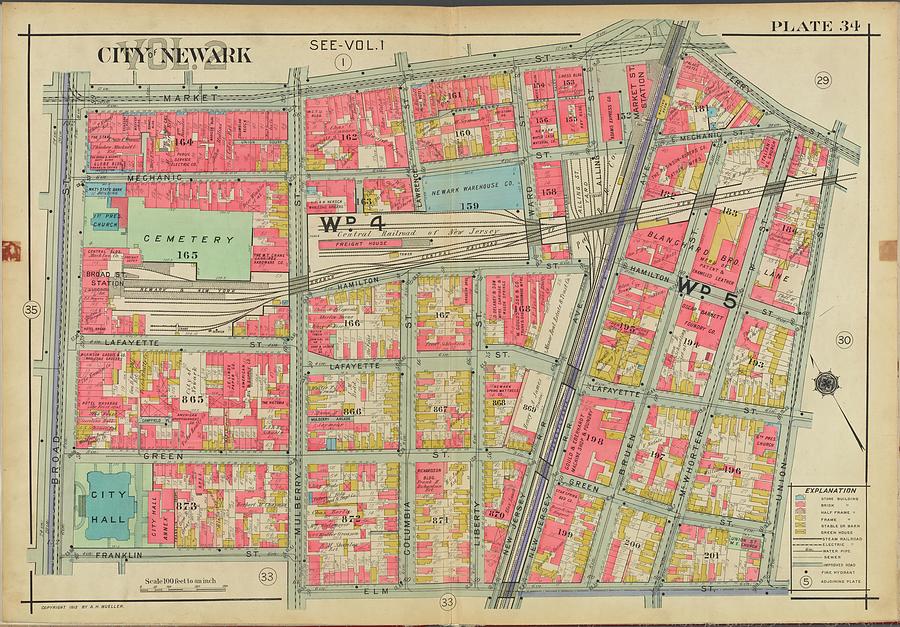 Newark, V. 2, Double Page Plate No. 34 Map Bounded By Market St., Ferry St., Union St., Elm St., Fr Painting