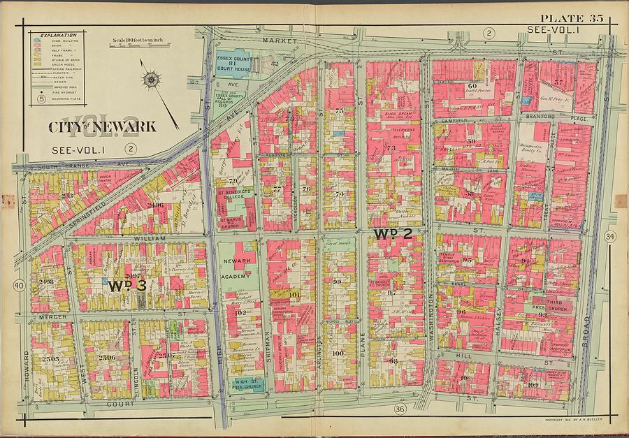Newark, V. 2, Double Page Plate No. 35 Map Bounded By Market St., Broad St., Court St., Howard St. Painting