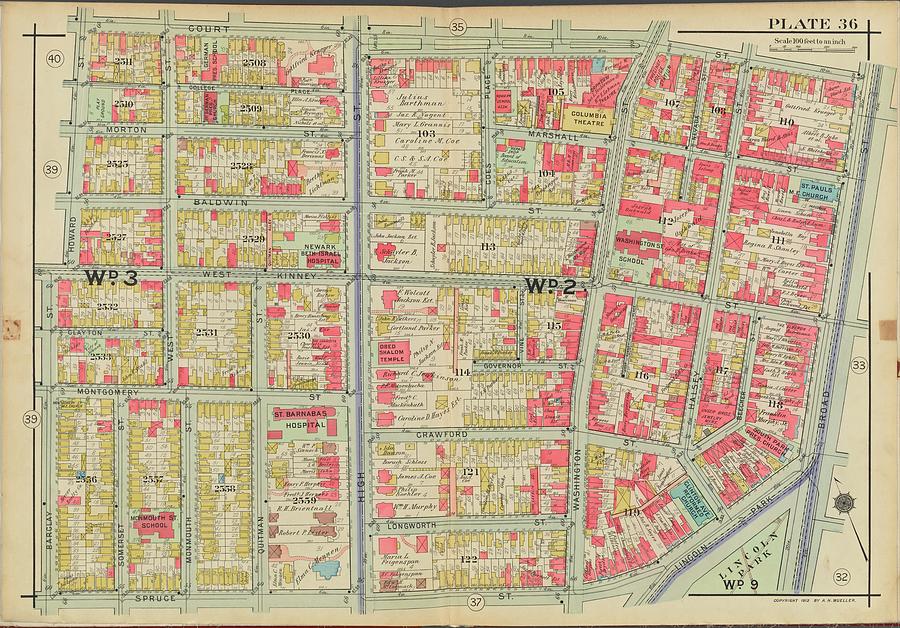 Newark, V. 2, Double Page Plate No. 36 Map Bounded By Court St., Broad St., Spruce St., Barclay St Painting