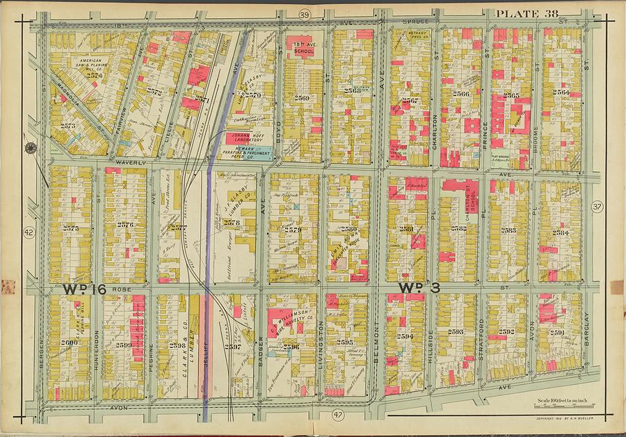 Newark, V. 2, Double Page Plate No. 38 Map Bounded By 18th Ave., Spruce St., Barclay St., Avon Ave Painting