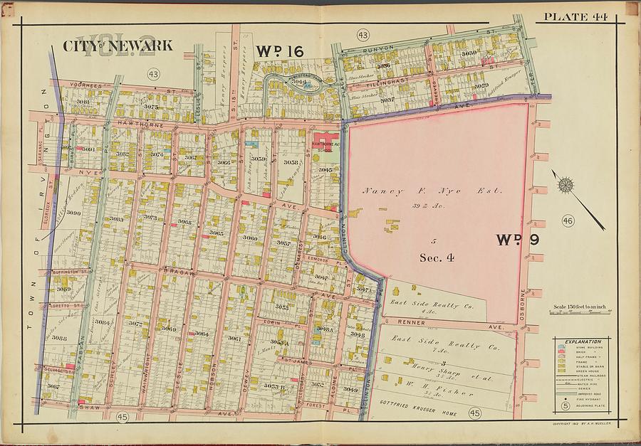 Newark, V. 2, Double Page Plate No. 44 Map Bounded By Runyon St., Osborne Ter., Shaw Ave., Saramac Painting