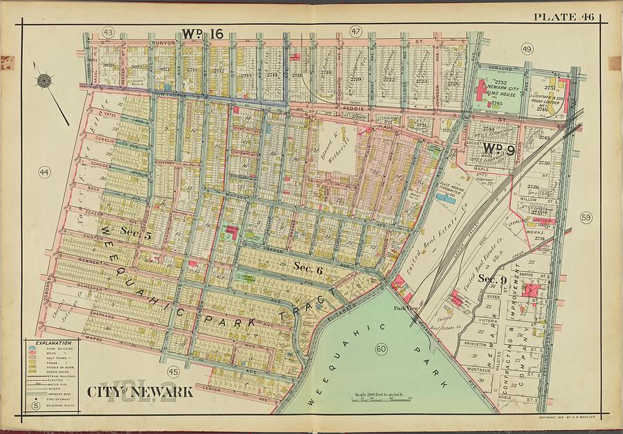 Newark, V. 2, Double Page Plate No. 46 Map Bounded By Runyon St., Frelinghuysen Ave., Lehigh Ave., Painting