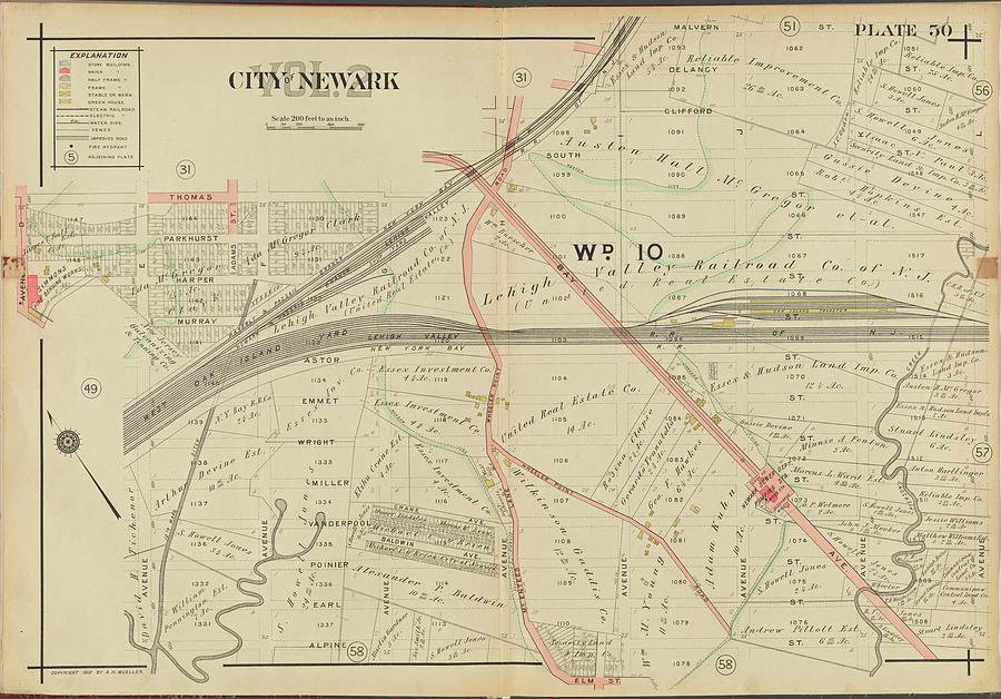 Newark, V. 2, Double Page Plate No. 50 Map Bounded By Thomas St., Avenue L, Alpine St., Avenue E, A Painting