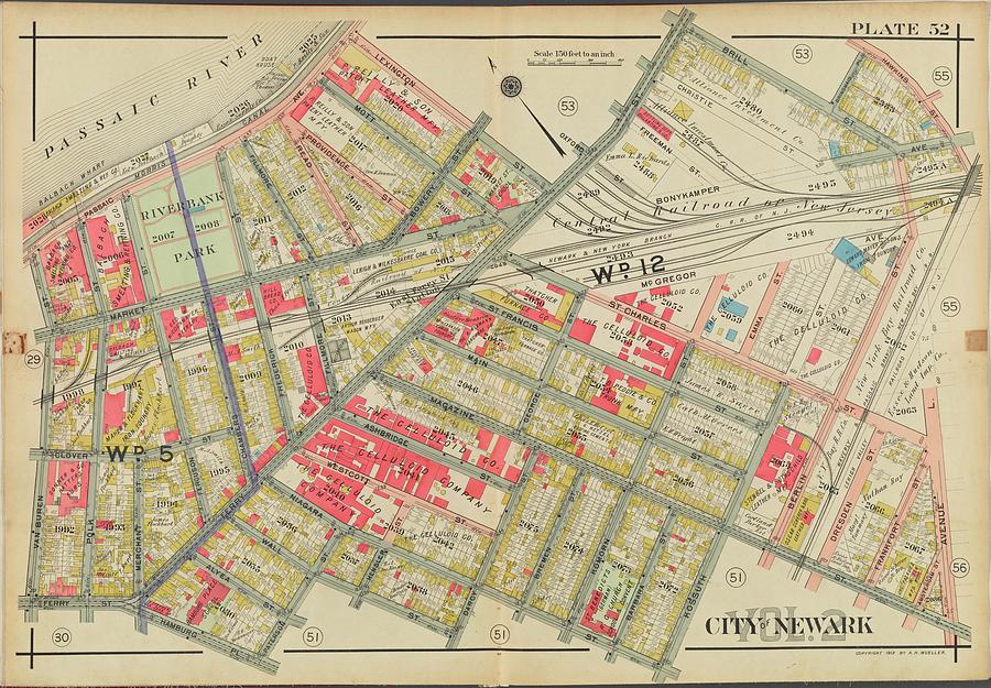Newark, V. 2, Double Page Plate No. 52 Map Bounded By Brill St., Venue L, Ferry St., Van Buren St., Painting