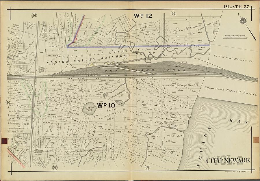 Newark, V. 2, Double Page Plate No. 57 Map Bounded By Clifford St., Newark Bay, Stanton St., Avenue Painting