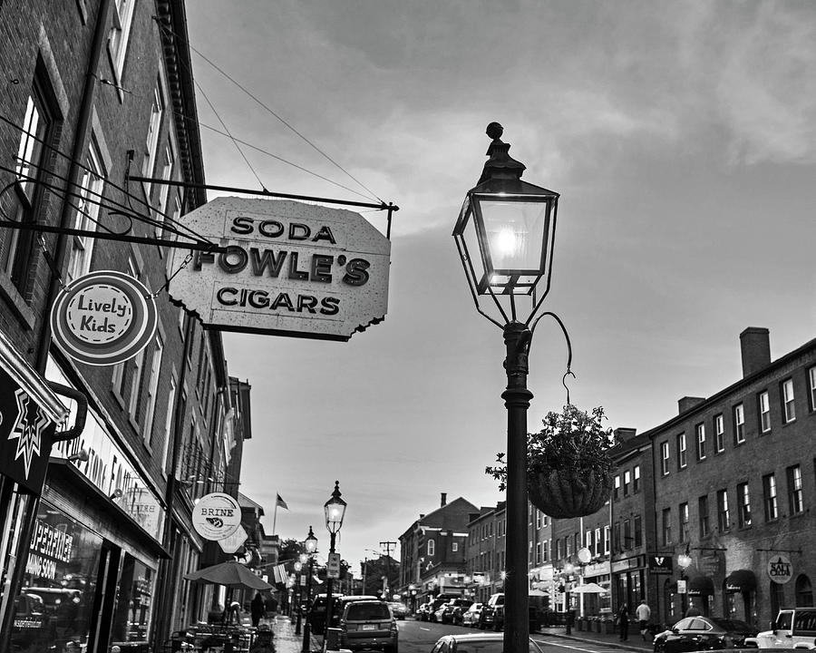 Newburyport MA High Street Lanterns at Sunset Fowles Black and White Photograph by Toby McGuire