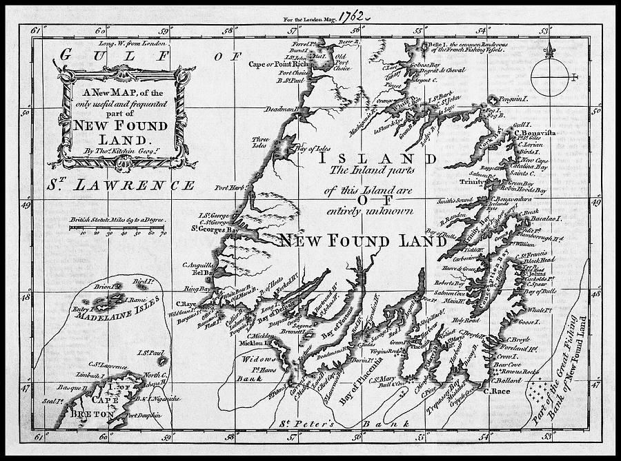 Vintage Photograph - Newfoundland and Labrador Vintage Antique Map 1762 Black and White by Carol Japp
