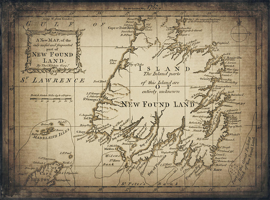 Vintage Photograph - Newfoundland and Labrador Vintage Antique Map 1762 Sepia  by Carol Japp