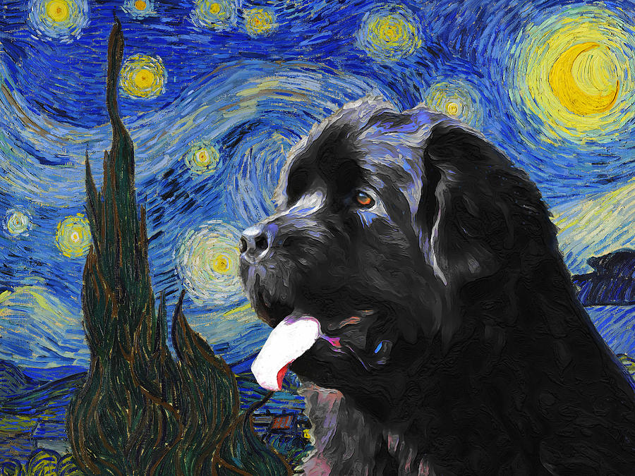 Newfoundland Newfie Dog Art Starry Night Van Gogh Newfoundland Dog Print Painting by Sandra Sij