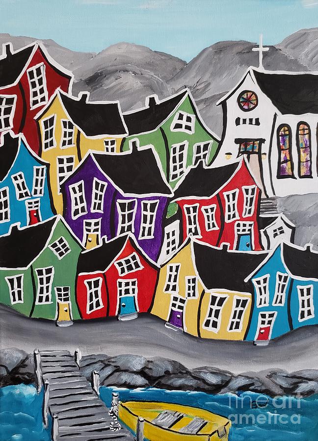 Boat Painting - Newfoundland Seaside Crooked Village/#9 Crooked house series by Beverly Livingstone