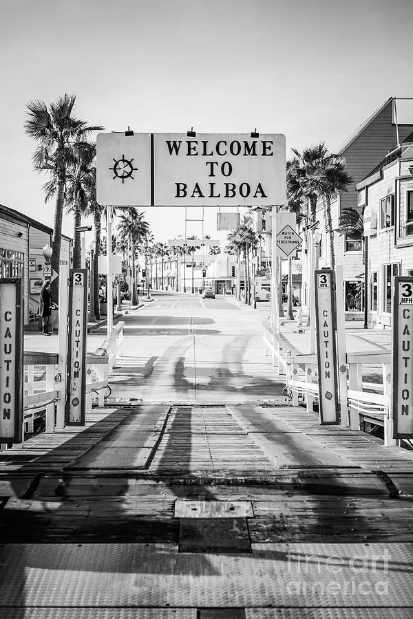 Newport Beach Balboa Ferry Sign Black and White Photo Photograph by Paul Velgos