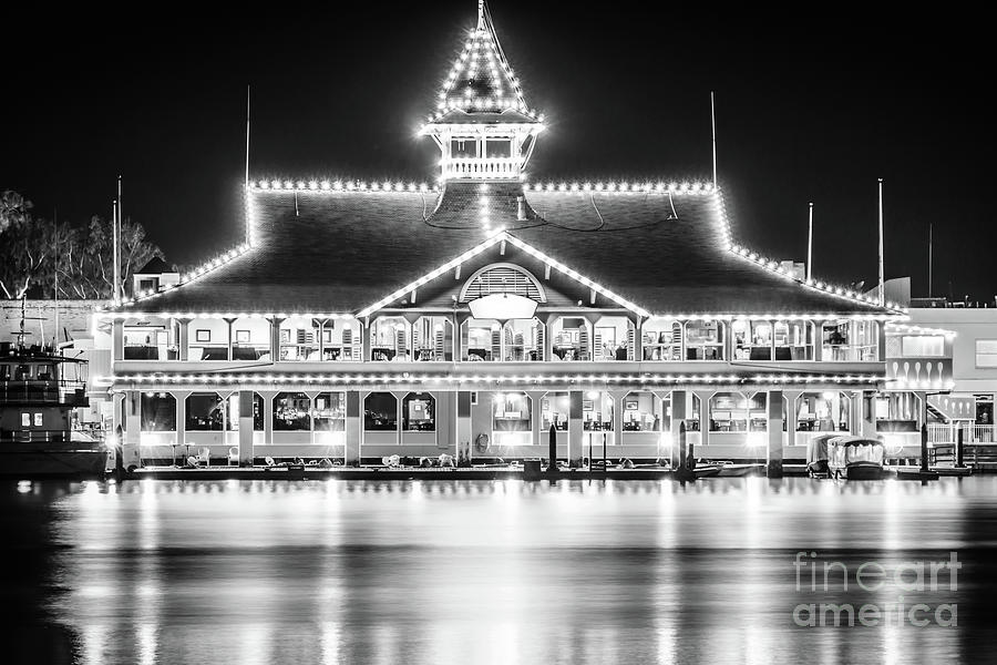 Newport Beach Pavilion at Night Black and White Photo Photograph by Paul Velgos