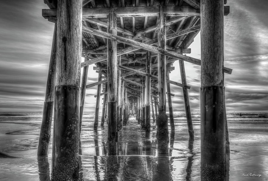 Newport Beach Pier Sunset Reflections B W Orange County California Los Angeles Architectural Art Photograph by Reid Callaway