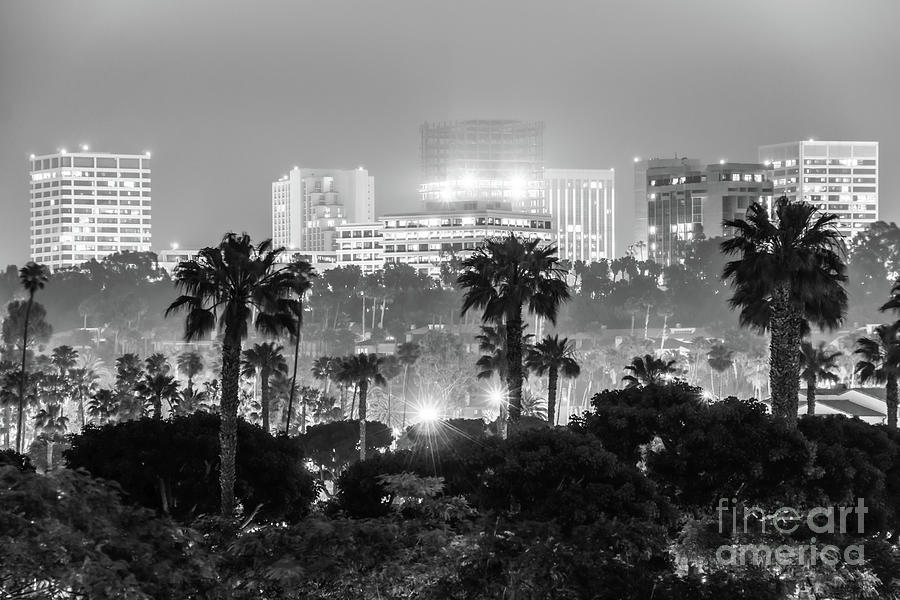 Newport Beach Skyline at Night Black and White Photo Photograph by Paul Velgos