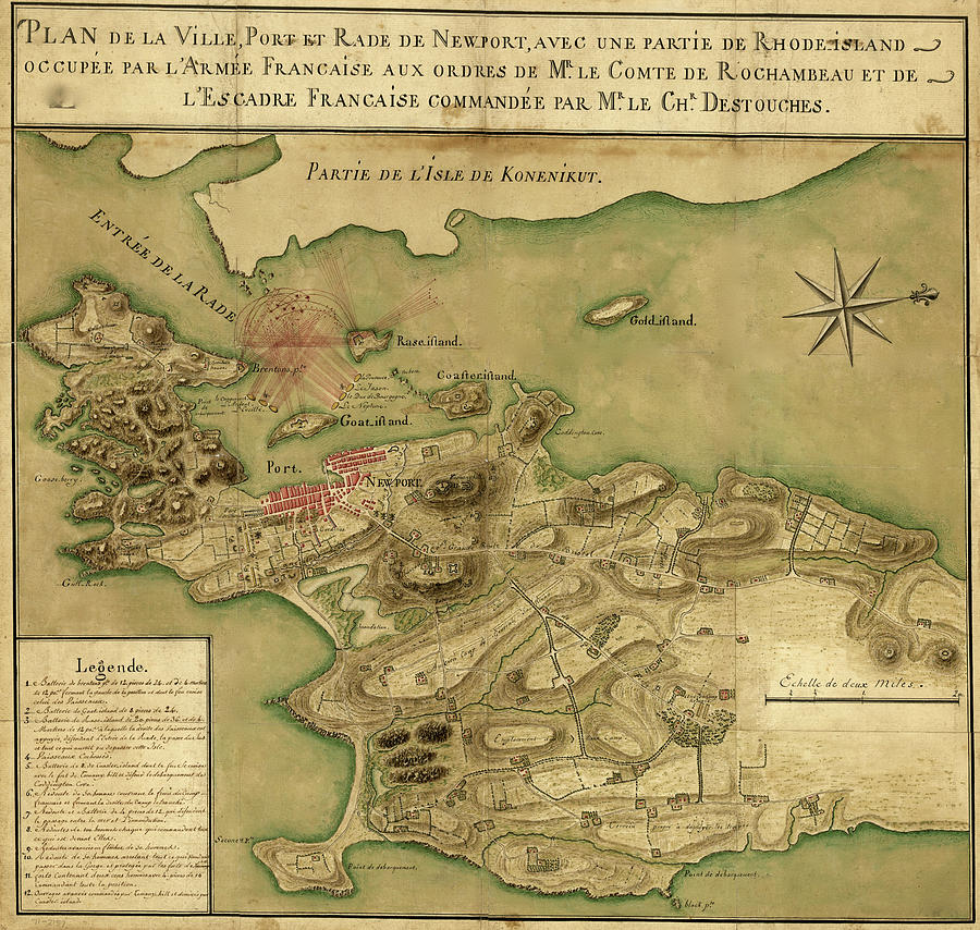 Map Drawing - Newport fortifications fields of fire and positions of French naval vessels 1779 by Vintage Maps