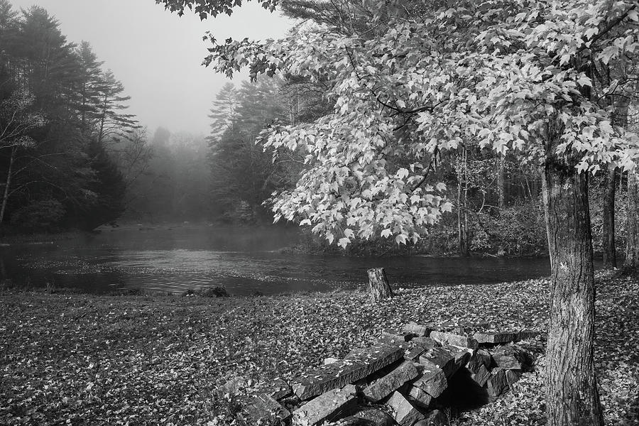 Newport NH Beautiful Fall Foliage and Sugar River Misty Morning Black and White Photograph by Toby McGuire