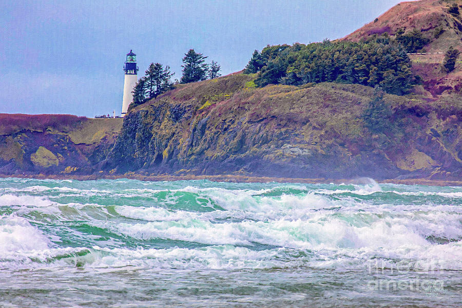 Lighthouse Mixed Media - Newport Oregon Lighthouse Yaquina Bay by David Millenheft