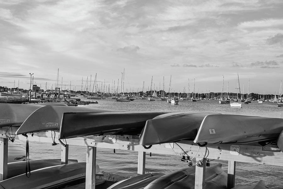 Newport RI King Beach Kayaks Newport Harbor Sunset Black and White Photograph by Toby McGuire