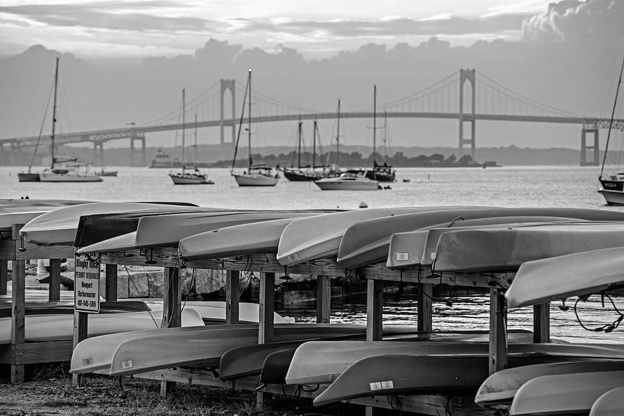 Newport RI King Beach Kayaks Newport Harbor Sunset Pell Bridge Black and White Photograph by Toby McGuire