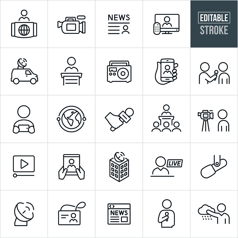 News Media Thin Line Icons - Editable Stroke Drawing by Appleuzr