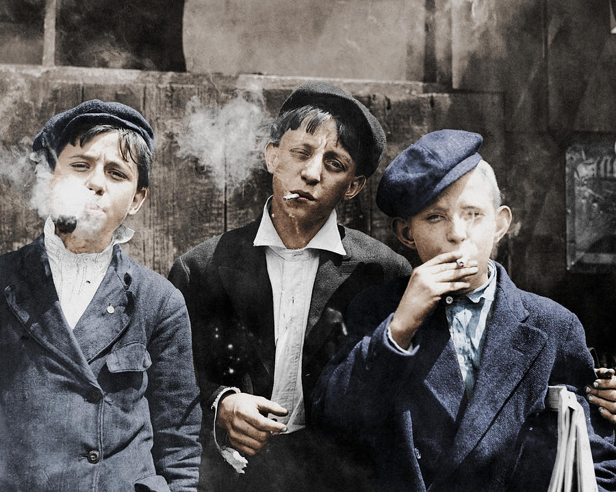Newsboys Smoking - 1910 Child Labor Photo - Colorized Photograph by War Is Hell Store